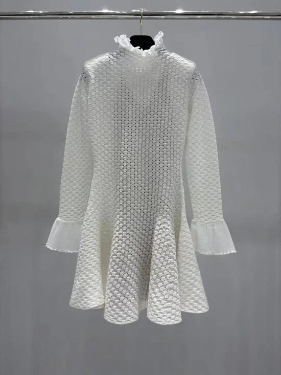 Self-Portrait White Textured Knit Ruffle Collar Mini Dress - Picture 5 of 8